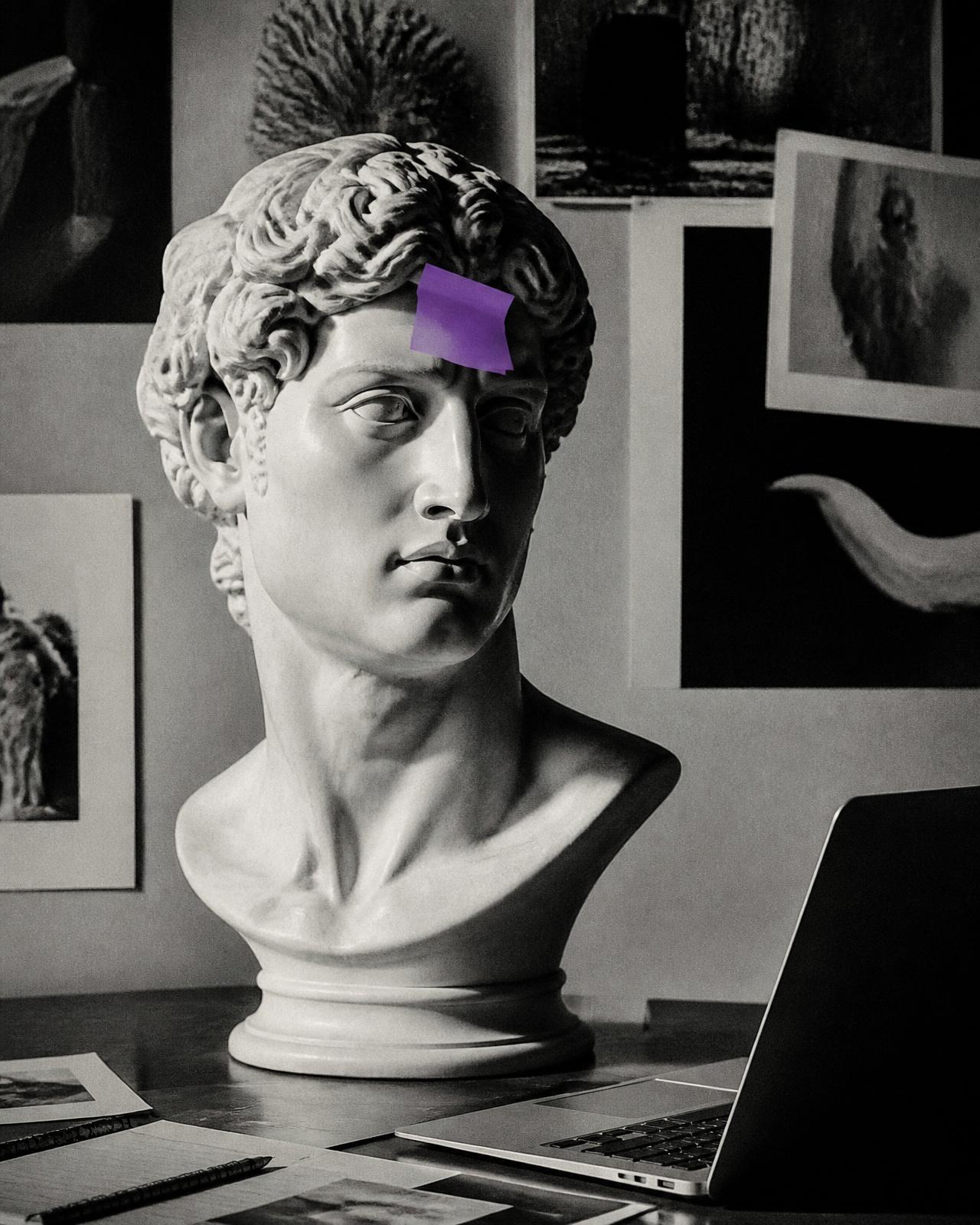 Busto clássico com post-it roxo na testa ao lado de um notebook