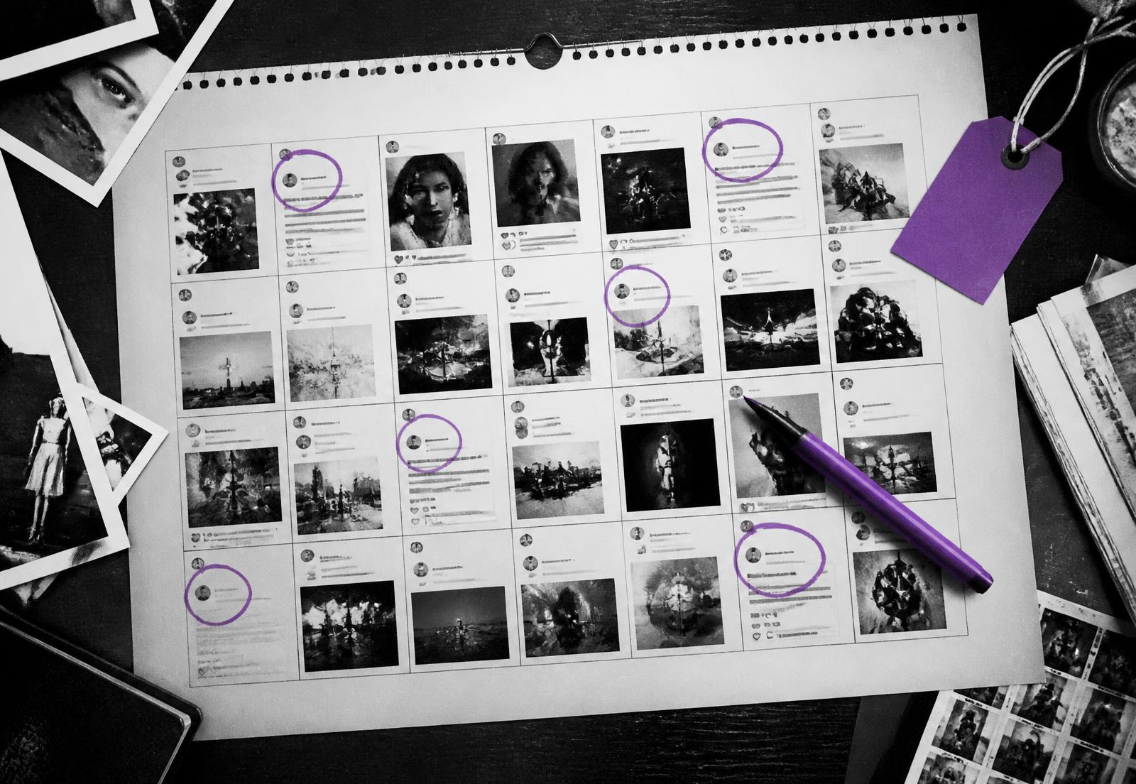 Calendário físico com os posts do mês impressos, caneta e etiqueta roxa